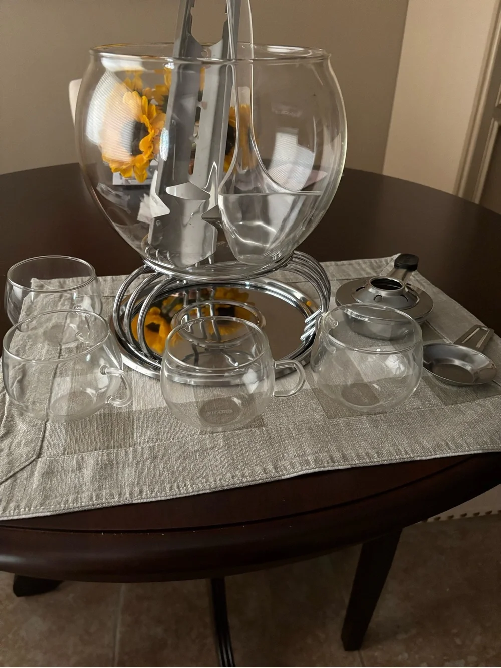 Clear Glass Beverage Server Set with Chrome Stand and Cups
